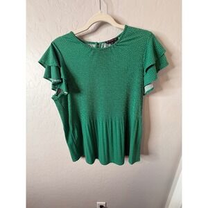 Adrianna Papell Green Polka Dot Ruffle Sleeve Pleated Blouse Top
